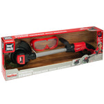 Windowed retail box showing red and black toy string trimmer and red safety goggles arranged on wood-patterned backing