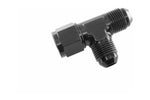 Close-up of a black anodized 8AN T-fitting showing a female swivel connector and two male AN threaded outlets