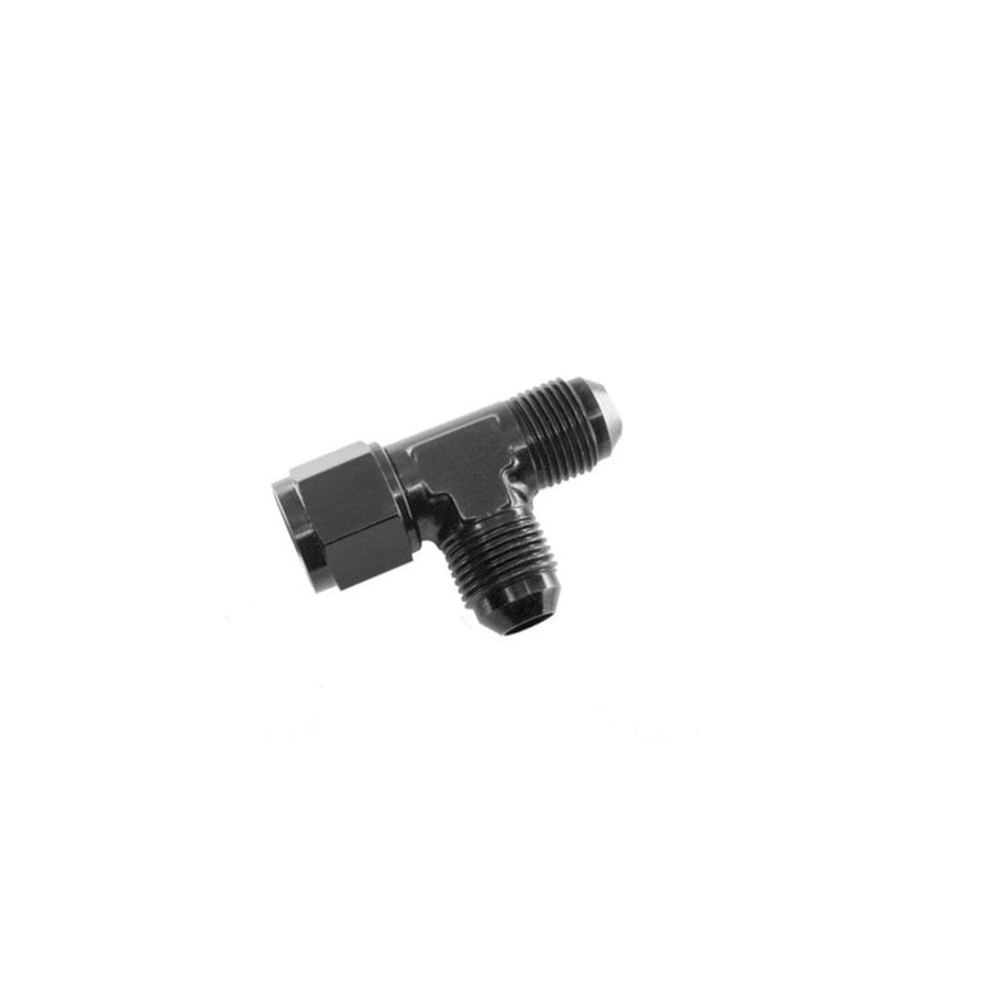 Black anodized 8AN T-shaped hose fitting featuring a female swivel on one leg and two male AN threaded ends