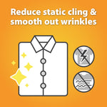 Graphic showing a shirt icon with text ‘Reduce static cling & smooth out wrinkles’ on an orange background