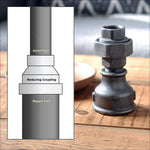 Lifestyle-style image showing a cast-iron reducing coupling used in a pipe-assembly display beside an illustrated diagram of pipe size relation.