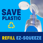 Refill-focused graphic showing liquid being poured from a larger jug into a bottle with 'save plastic' and 'refill EZ-squeeze' messaging