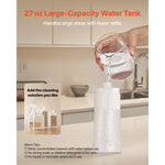 Close-up of a hand pouring water into a clear refillable mop bottle with text about a 27 oz large-capacity water tank