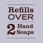 Typographic graphic on lavender background stating ‘Refills OVER 2 Hand Soaps’ in bold brown lettering.