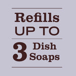 Bold typographic graphic stating refills up to 3 dish soaps on a lavender background