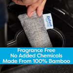 Hand placing a woven charcoal pouch labeled Refresh into a car cup holder with promotional text overlay