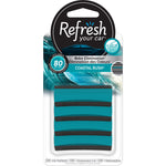 Front-facing blister pack of Refresh Your Car Coastal Rush vent air fresheners showing teal vents and branded header card