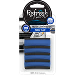 Refresh packaged contour vent stick air freshener in blue on blister card shown with New Car scent and 80 days freshness badge