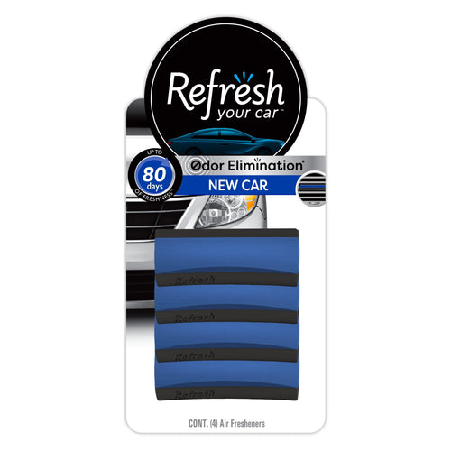 Refresh Your Car packaged contour vent stick air freshener in blue on white blister card labeled New Car scent