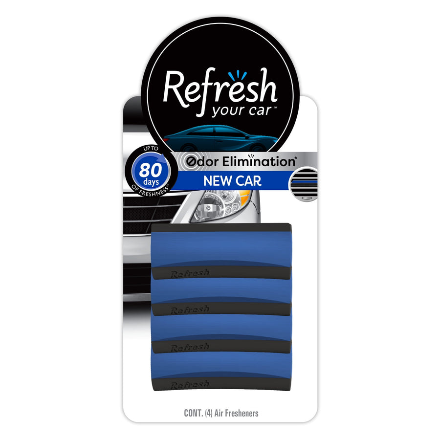 Refresh Your Car packaged contour vent stick air freshener in blue on white blister card labeled New Car scent