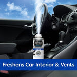 Interior car scene showing a Refresh fogger can releasing mist in center console with sky background
