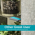 Teal Refresh vent-style air freshener shown clipped to a metal shelf edge as an alternate use example with 'Other Great Uses' text