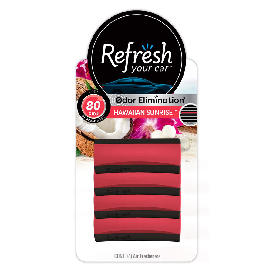 Packaged Refresh Your Car Hawaiian Sunrise contour vent stick air fresheners with red/black sticks and branding