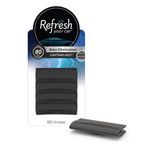 Front retail package of a Refresh Your Car Lightning Bolt car air freshener showing a black vent-clip piece and branded header card.