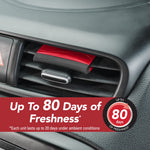 Red and black Refresh vent clip attached to a car air vent with banner claiming up to 80 days of freshness