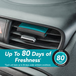 Teal and gray Refresh vent air freshener clipped to a car dashboard vent with graphic text about up to 80 days of freshness