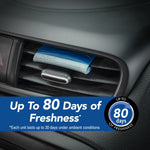 Blue Refresh contour vent stick clipped in a vehicle vent with banner stating Up To 80 Days of Freshness and freshness badge