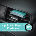 Turquoise-gray Refresh vent stick clipped to a car air vent with overlay text advertising up to 80 days of freshness