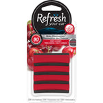Front product shot of Refresh Your Car Very Cherry vent air freshener in retail blister pack with cherry background