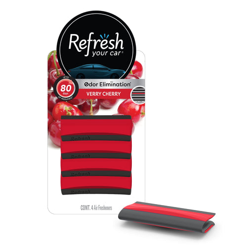 Red and black Refresh Your Car vent-style air freshener blister pack labeled Very Cherry with cherry photo
