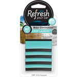 Front-facing Refresh Your Car blister pack showing four turquoise-and-gray contour vent sticks and Crisp Laundry branding