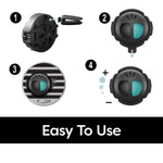 Instructional diagram illustrating how to attach the Refresh Your Car mini diffuser to a vent and adjust scent intensity.
