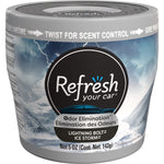Front-facing Refresh Your Car gel can showing lightning-themed label and 'Odor Elimination' badge