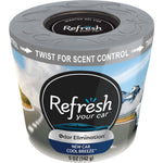 Close-up of Refresh Your Car scented gel can showing front label, gray lid and New Car Cool Breeze callout, 5 oz