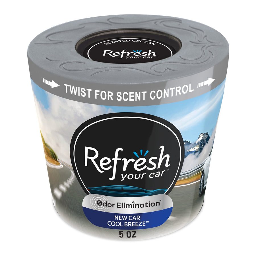 Refresh Your Car scented gel can with gray twist lid and label reading New Car Cool Breeze, 5 oz