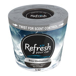 Close-up of a Refresh Your Car gel can with gray twist lid and lightning-themed label