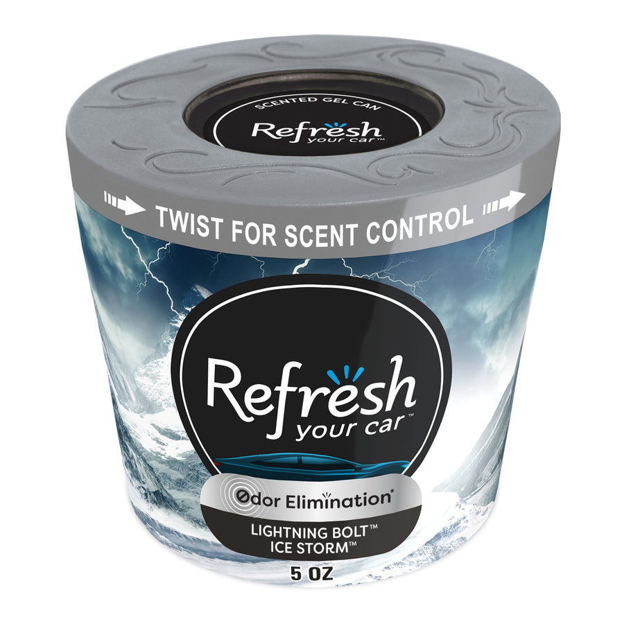 Close-up of a Refresh Your Car gel can with gray twist lid and lightning-themed label