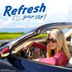 Woman wearing sunglasses driving a convertible with the 'Refresh your car!' logo and a sunny landscape in the background.