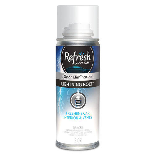 Aero-style aerosol can of Refresh Your Car fogger in Lightning Bolt scent with branded label and clear cap.