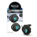 Refresh Your Car branded retail blister pack showing two black-and-teal mini diffuser air fresheners and a round logo header.