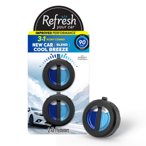 Refresh Your Car packaged mini vent diffuser duo in black with blue scent cartridges on snowy mountain background