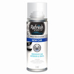 Aerosol can of Refresh Your Car odor elimination fogger labeled New Car with clear cap against white background