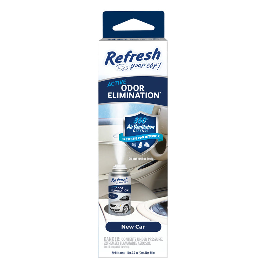 Tall retail box for Refresh Your Car odor elimination fogger with new car label and product image