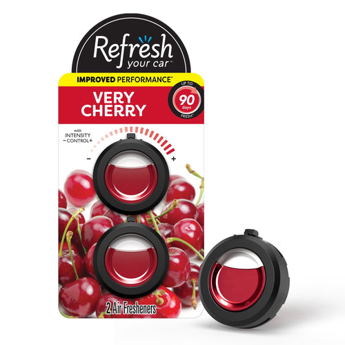 Refresh Your Car Very Cherry mini diffuser pack with two round black vents and red liquid shown on white cherry background