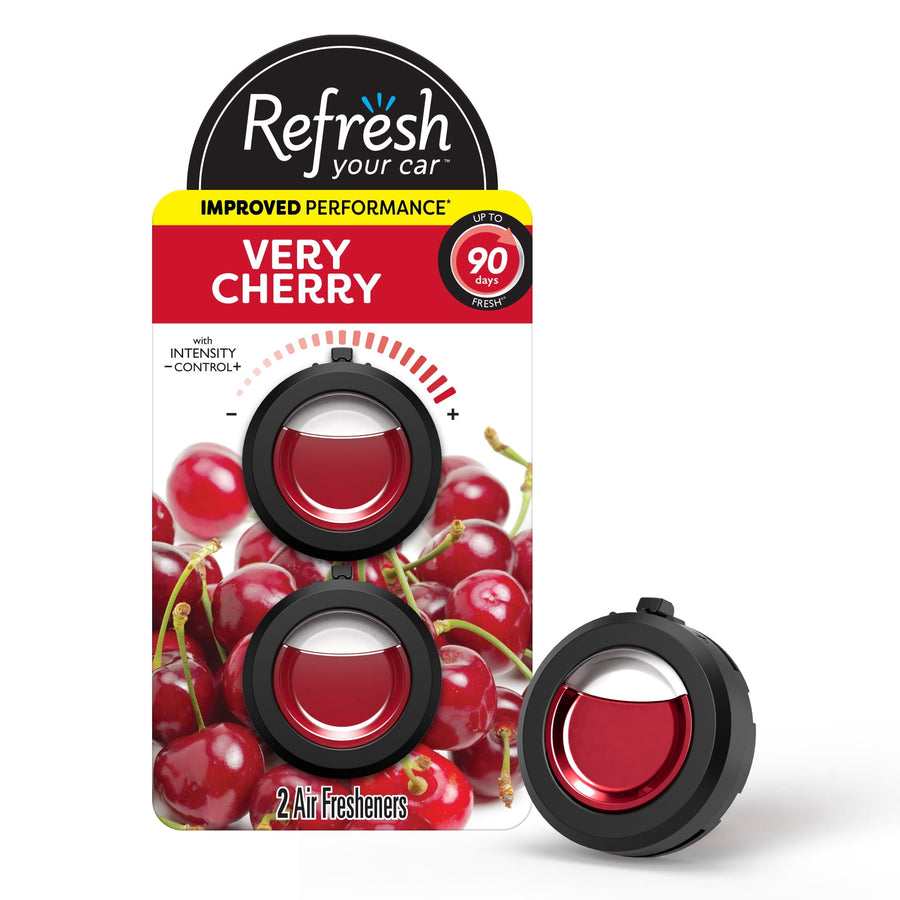 Refresh Your Car Very Cherry mini diffuser pack with two round black vents and red liquid shown on white cherry background