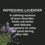 Black panel titled 'REFRESHING LAVENDER' with description mentioning pure lavender, herbs and evergreens and lavender sprigs