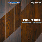 Split hardwood floor comparison graphic showing '75% more cleaning pad area' claim with Rejuvenate branding.