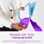 Person attaching a blue microfiber pad to a purple mop head, emphasizing washable reusable pad feature.