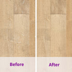Side-by-side before and after wood floor panels showing dirt removal to illustrate Rejuvenate cleaning results.