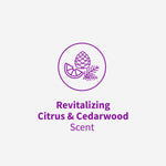 Purple icon of citrus slice and cedarcone with text proclaiming 'Revitalizing Citrus & Cedarwood Scent'