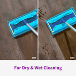 Side-by-side images of a Rejuvenate microfiber pad cleaning a floor showing dry and wet performance comparison.