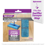 Rejuvenate packaged microfiber sweeper pads box showing product window, branding and callouts on a wood floor background.