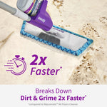 Rejuvenate mop head cleaning a floor, showing purple mop and dirt being removed with text graphic '2X Faster'