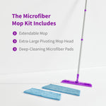 Purple Rejuvenate mop with two blue deep-cleaning microfiber pads and text listing included components.