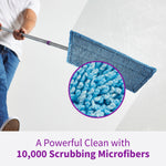 Closeup of blue microfiber mop pad texture and purple swivel mop head with inset magnified fiber detail.