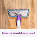 Top-down view of a Rejuvenate mop head on a wood floor with text 'Delivers a powerful, deep clean!','filename'
